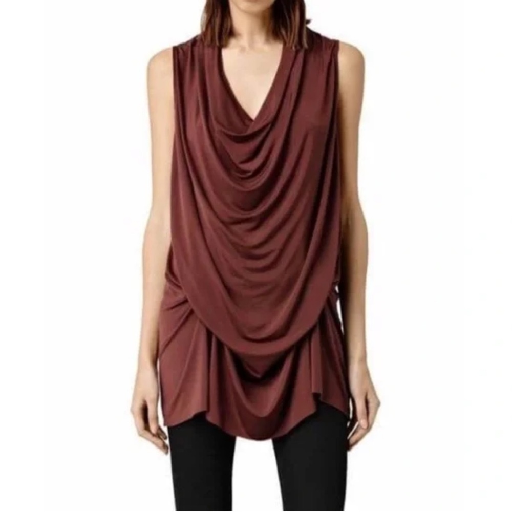 AllSaints Amei drape sleeveless dress tunic shirt tie accent burgundy wine small